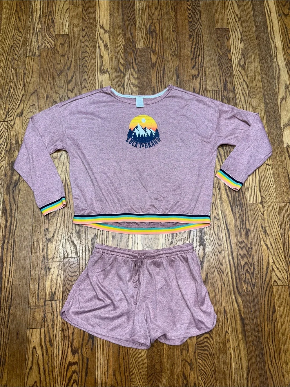 Lucky Brand 2-Piece Lounge Pajama Set Size Large Mauve Rainbow Trim